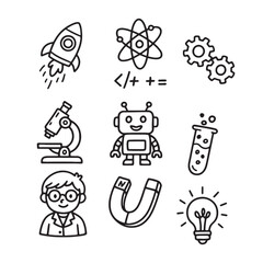 Hand-Drawn Black & White STEM Icons for Kids – Fun Science Experiments
