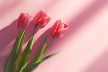 Fototapeta premium Pink tulips on a pink background, a flat lay banner with copy space for text.