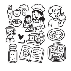 Hand-Drawn Black & White Icons – Healthy Eating & Cooking with Kids