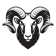 Black and white stylized illustration of a ram's head Logo or silhouette