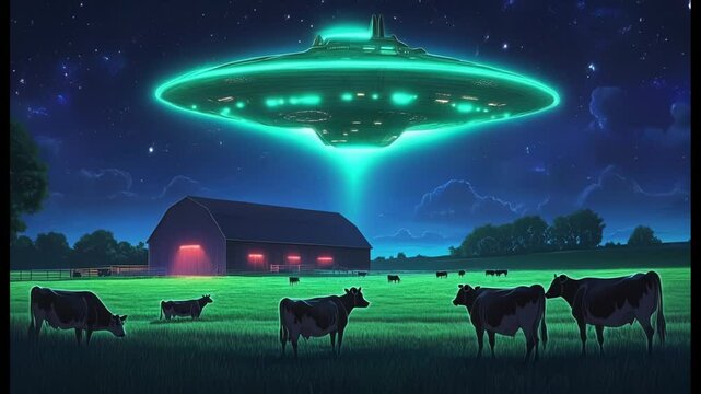 UFO on the farm. UFO resembling a flying saucer hovers with an ominous presence above cow farm. Unidentified Anomalous Phenomena UAP Hovering Over Cows and Barn Under Starry Night Sky.