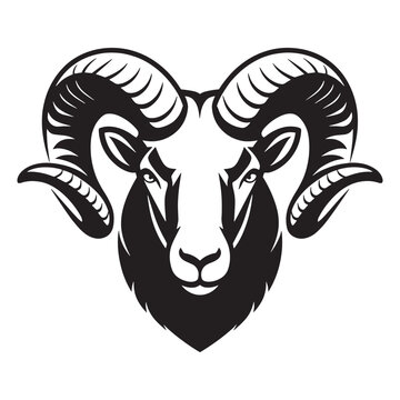 Black and white stylized illustration of a ram's head Logo or silhouette