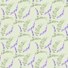 Wildflowers lilac mouse pea. Seamless floral watercolor pattern on light green background. Hand drawn sketch meadow violet flowers for fabric print, textile, wrapping. Endlessly repeating ornament