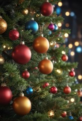 Obraz premium Vibrant baubles adorn a Christmas tree, bokeh lights glow , bokeh, sparkle, glow