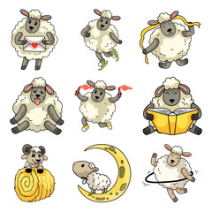 Set of Cute sheep or lamb cartoon vector illustration. Animal character collection for kids t-shirt, sticker, drawing, coloring book page, emoji, emoticon