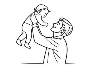 Father Holding Baby Line Drawing Illustration. Happy Dad and Child Minimalist Outline Art. Parent and Infant Sketch Style Vector.