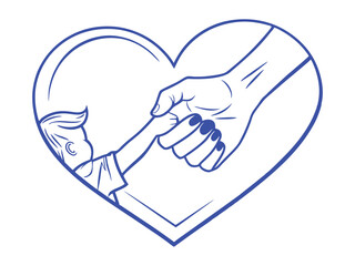 A touching line art of a mother holding her child’s hand inside a heart shape. Symbolizing love, protection, and maternal care in a minimalist design. The illustration highlights deep emotional.
