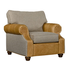 Elegant armchair upholstered with neutral fabric and leather accents on white background . Cut out...