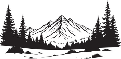 Adventure Mountain Biking Silhouettes with Pine Forest and Alpine Scenery