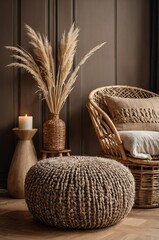 Obraz premium Cozy indoor seating area with natural decor elements and soft lighting in a modern home environment
