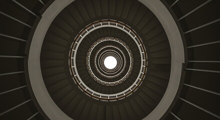 Fototapeta premium Spiral Staircase Ascends in Hypnotic Pattern Under Bright White Light, Showcasing Architecture, Design & Verticality, Viewed from Worm's Eye Perspective