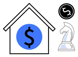 House with dollar sign, coin, chess knight representing real estate investment, money, and strategy. Ideal for finance, planning, real estate investment savings strategy business insights. Flat