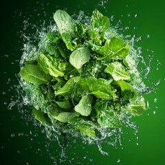 Fresh spinach leaves being washed in clear water against a dark green background creating a vibrant and refreshing appearance