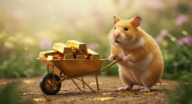 Whimsical illustration of a hamster pushing a wheelbarrow full of gold bars. A humorous take on wealth, investment, and business success with a fun twist.