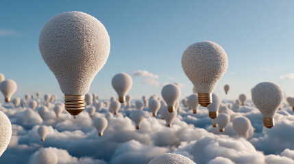 Sky Full of Brilliant Ideas: A dreamlike vista, where luminous light bulbs ascend through a sea of clouds. It symbolizes innovation, dreams, and boundless imagination.