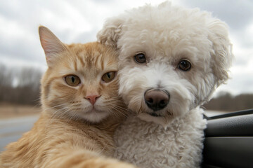 Generative AI image of a funny cat and dog taking a selfie together outdoors