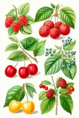 Vibrant Botanical Illustration of Red and Yellow Cherries and Raspberries