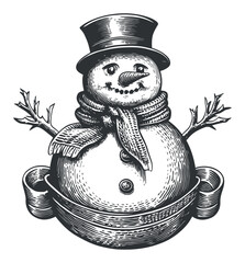 Vintage Engraved Snowman Illustration Perfect for Holiday Design