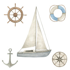 Watercolor nautical set. Hand drawn illustration on white background