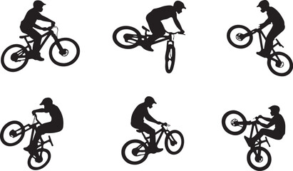 Obraz premium Epic Mountain Biking Adventure Silhouette with Pine Forest, Moon, and Wilderness Scenery