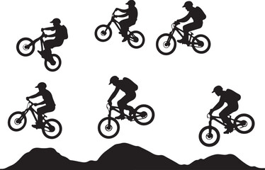 Epic Mountain Biking Adventure Silhouette with Pine Forest, Moon, and Wilderness Scenery