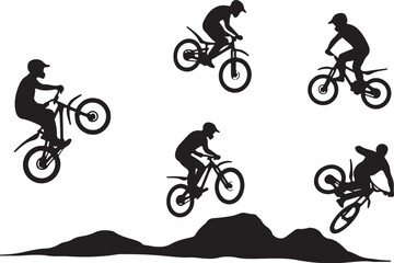 Obraz premium Epic Mountain Biking Adventure Silhouette with Pine Forest, Moon, and Wilderness Scenery