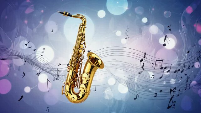Golden saxophone instrument floating with abstract musical notes and bokeh background illustration for performance or concert