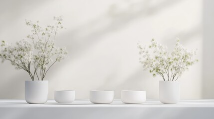 Minimalist display with white potted plants and bowls