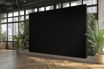 Black wall mockup in a modern office interior with panoramic windows and parquet flooring. Front view of a blank black canvas for advertising, presentation or meeting room. High quality copy space