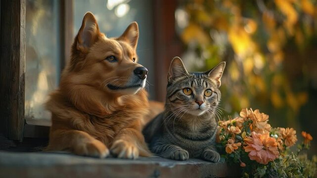 A heartwarming tableau captures a dog and a cat side-by-side, their eyes fixated on the same focal point.
