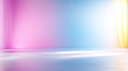 Empty Room Pastel Walls Dreamlike Soft Lighting Wide Angle Shot Smooth Floor Minimalist Design Ambient Lighting Serene Mood Ideal for Product Displays