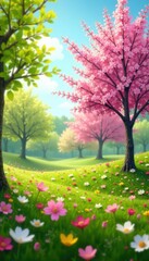 Fototapeta premium Soft focus spring trees, blooming meadow, bright sky, bright, landscape