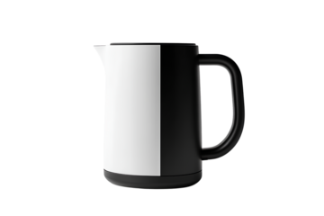The kettle is made of plastic and features a white and black color scheme a transparent background PNG