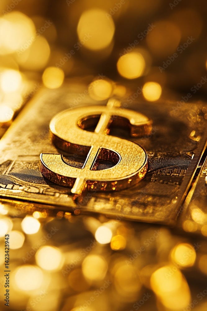 Poster golden dollar sign resting on american banknotes with shallow depth of field