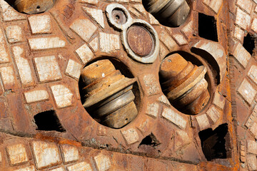 Closeup of tunnel borring machine drill head, displayed at the Deutschlandsberg train station as part of the new constructed Koralmbahn railway track