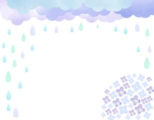 梅雨イメージ　紫陽花と雨と雲の雫のフレーム　3