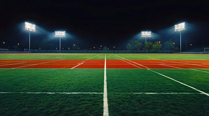 Fototapeta premium Illuminated Night Sports Field Soccer, Track, and Football Ready for Action