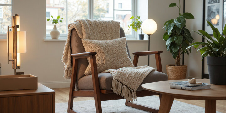 Soft woolen throw blanket draped over the back of a mid-century modern chair, with a cozy knitted cushion resting