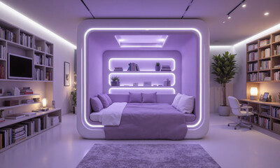 Tech-savvy reading nook in lavender, featuring AI-powered lighting that adjusts based on reading preferences and smart shelves that reorganize books