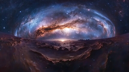 Fototapeta premium Celestial Landscape A 360� Panoramic View of a Galactic Nebula and Alien Planet