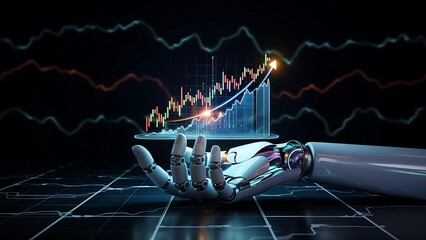 A robotic hand holding a holographic financial graph with an upward trend, representing algorithmic trading and FinTech.
