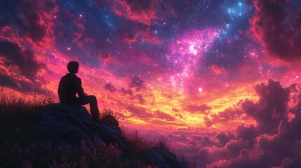 Obraz premium A solitary figure contemplates a vibrant, celestial panorama.