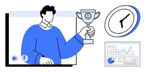 Person holding trophy during a video call, clock symbolizing time, and analytics chart emphasizing progress. Ideal for success, virtual meeting, time management, goal-setting, teamwork, corporate