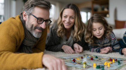 Fototapeta premium Family Game Night: A cozy family gathers around a board game, immersed in playful competition. A warm, inviting moment of family bonding, laughter and quality time indoors.