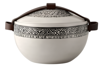 White clay bowl with lid, decorated with black patterns and leather straps, transparent background PNG