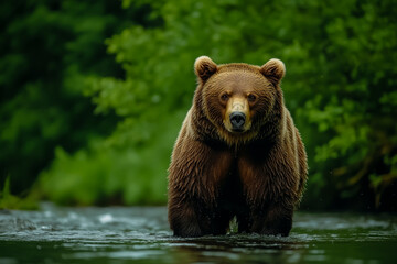 Obraz premium A brown bear standing in a flowing river, captured in a National Geographic-style image, against a backdrop of green forest,