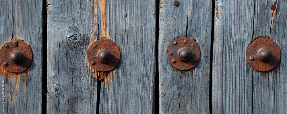 Poster old weathered gray wood door with round rusty metal elements showing concept of time passing