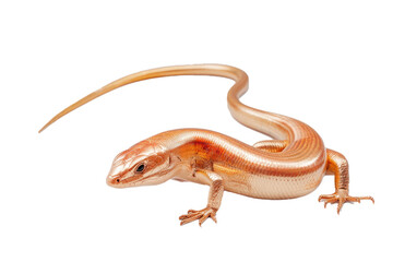 A long-tailed skink with metallic sheen, lying flat with extended tail, centered on pure 