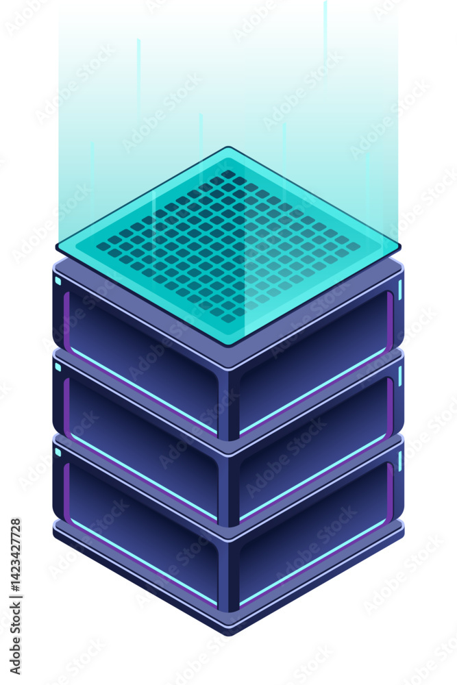 Poster isometric futuristic server. isometric database or data center. abstract blockchain. computer storag