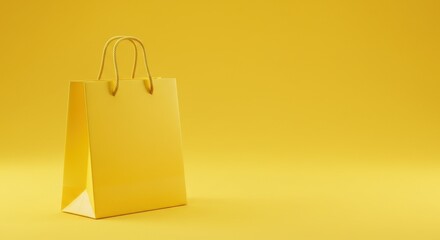 Minimalistic image of a yellow shopping bag on a bright yellow background with ample copy space. Perfect for advertising, branding, retail promotions, or marketing campaigns.